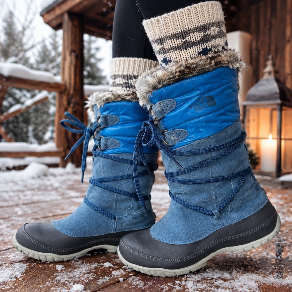 The North Face Women's 6.5 Blue Suede Waterproof PrimaLoft Faux Fur Snow Boots